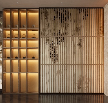  新中式禅意茶柜 宋式茶室柜 茶室背景墙 整排茶叶柜 山水画3d模型 