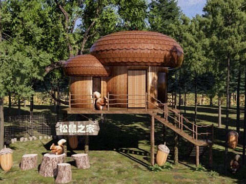 现代 木屋 松果主题儿童游乐区 森系探险乐园 松果树屋 森林su模型