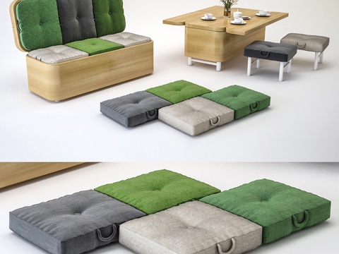 现代儿童卡座  方形矮凳  坐垫  儿童桌子su模型