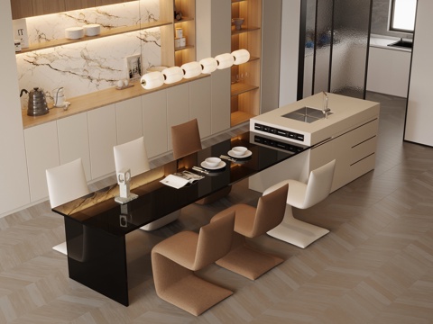 现代奶油风岛台 餐桌椅su模型