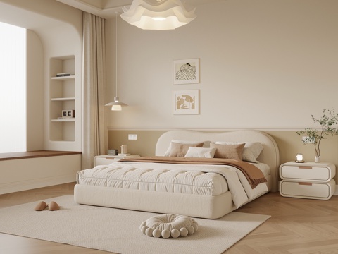 现代奶油风卧室 双人床 床头柜su模型