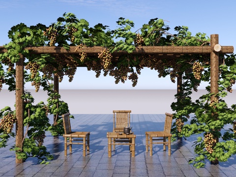 现代 廊架 葡萄藤廊架 爬藤廊架 藤蔓花架 乡村庭园廊架su模型