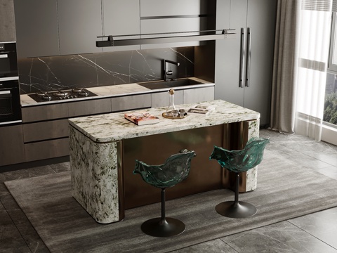 意式岛台 吧台 餐台椅子su模型