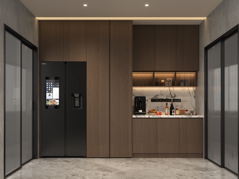 现代意式备餐柜 意式酒柜冰箱柜 西厨餐边柜吊柜 意式咖色木纹su模型su模型