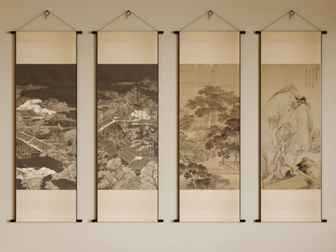 新中式字画 山水字画 宋式字画 中古风字画 山水画 卷轴字画su模型