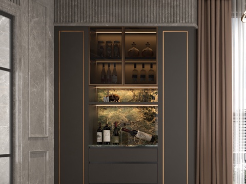 现代意式酒柜橱柜 奢石轻奢餐边柜 红酒饰品摆件装饰 黑色石材su模型