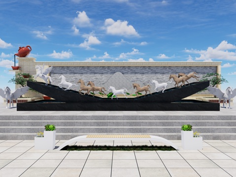 现代广场马雕塑 水景雕塑 万马奔腾雕塑水景 商业广场雕塑su模型