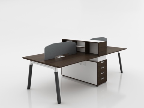  现代挡板四人位职员桌 副柜办公桌 浅色木纹员工桌3d模型 