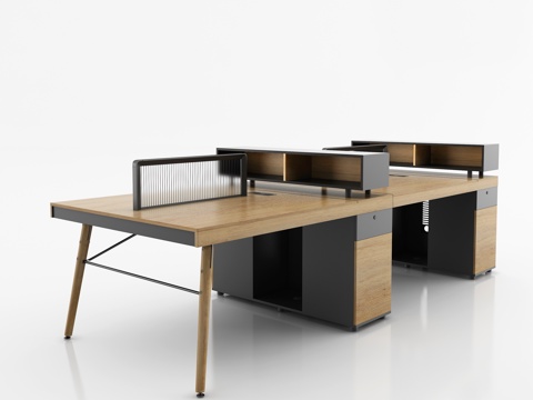  现代挡板四人位职员桌 副柜办公桌 浅色木纹员工桌3d模型 