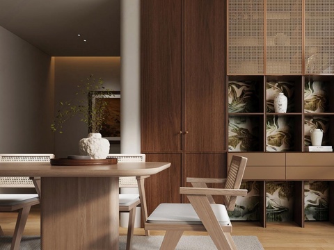  侘寂中古家居餐厅_侘寂中古风餐厅_餐边柜_侘寂中古餐桌椅_餐3d模型 