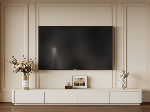 法式奶油风电视柜 摆件 电视机su模型