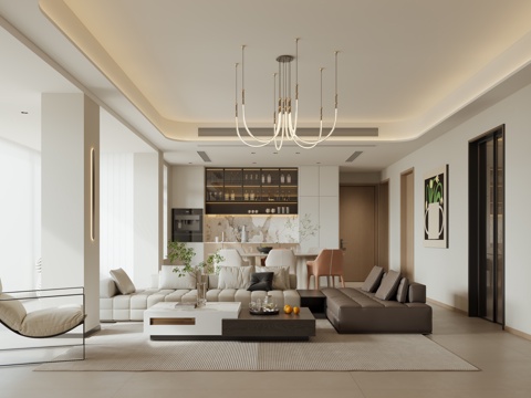  现代奶油客餐厅3d模型 