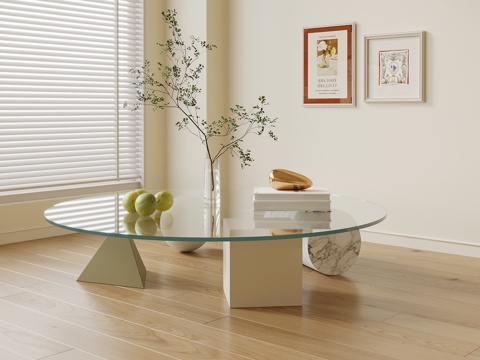 现代奶油风茶几 圆形玻璃茶几su模型