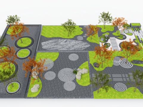 微地形 禅意枯山水 汀步 树池su模型