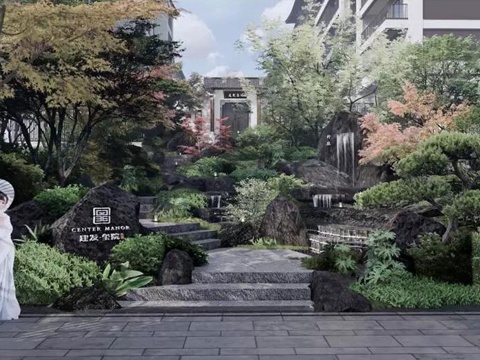 新中式小区景观 曲径通幽入口 小区景观su模型