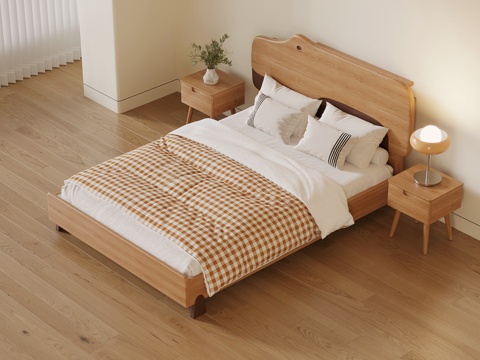  现代床 原木床 床品 床头柜3d模型 