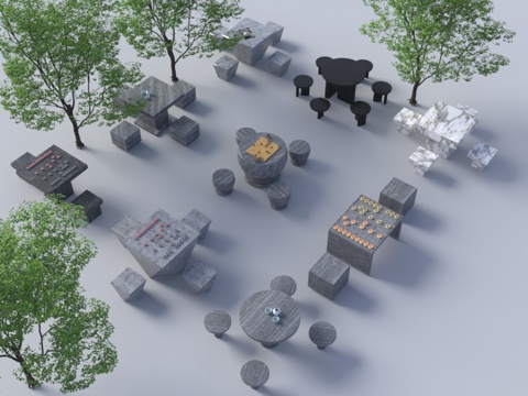 现代户外桌椅组合 石墩象棋桌 休闲石桌子 景观石桌子 户外象su模型