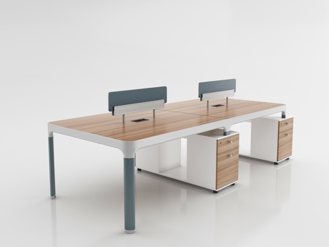  现代挡板四人位职员桌 副柜办公桌 浅色木纹员工桌3d模型 