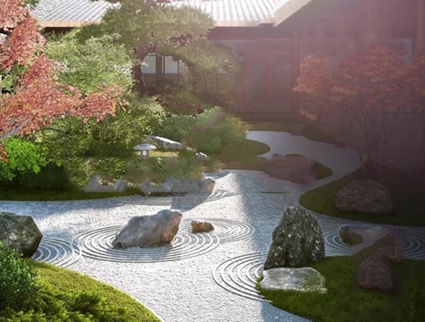 日式庭院景观 枯山水 庭院景观小品su模型