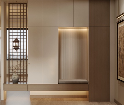 新中式鞋柜 入户玄关柜 端景玄关柜 玄关鞋柜 宋式美学鞋柜su模型