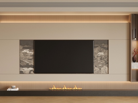 新中式禅意电视背景墙 宋式美学背景墙 客厅背景墙 宋式背景墙su模型