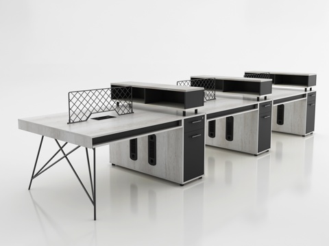  现代铁架挡板六人位职员桌 副柜办公桌 浅色木纹员工桌3d模型 