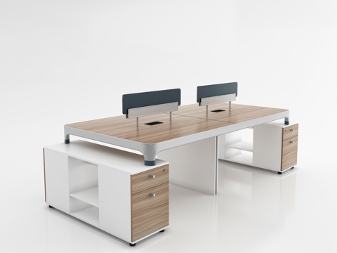  现代挡板四人位职员桌 副柜办公桌 浅色木纹员工桌3d模型 