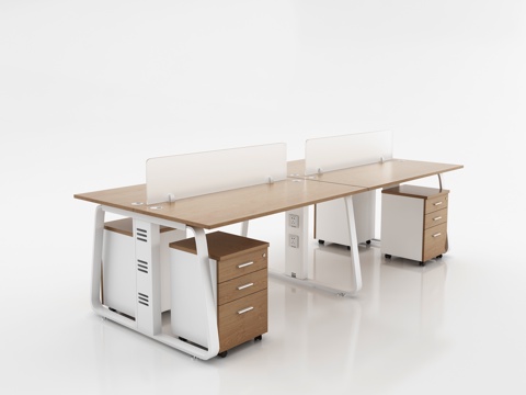  现代挡板四人位职员桌 副柜办公桌 浅色木纹员工桌3d模型 