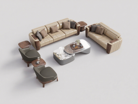 现代沙发茶几组合 L型皮沙发套组 双材质悬浮茶几 几何抱枕su模型