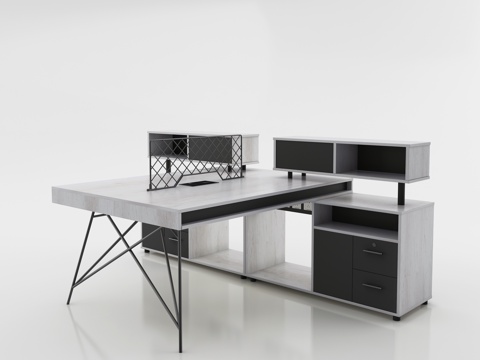  现代铁架挡板六人位职员桌 副柜办公桌 浅色木纹员工桌3d模型 