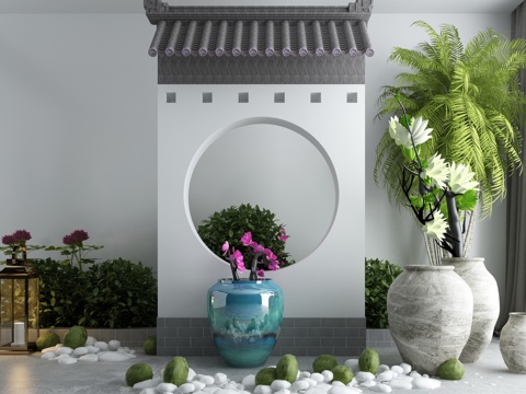  新中式庭院景观小品日式枯山水石石灯石磨景观小品3d模型 