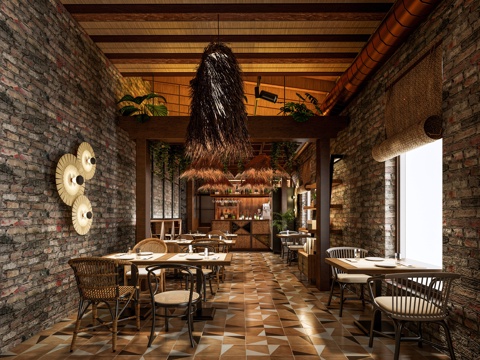 餐饮店餐厅 餐桌椅 干草吊灯 前台酒柜吧台 小酒馆su模型