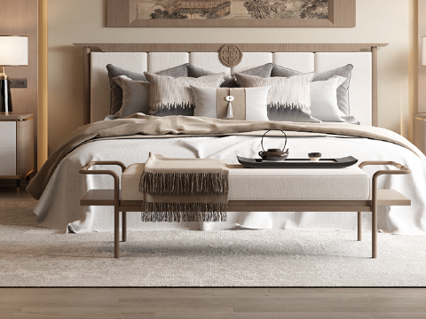  新中式双人床3d模型 