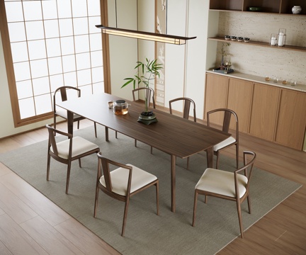  新中式餐桌椅 餐厅 餐椅 餐厅吊灯 餐边柜3d模型 