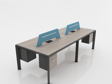  现代挡板四人位职员桌 副柜办公桌 浅色木纹员工桌3d模型 