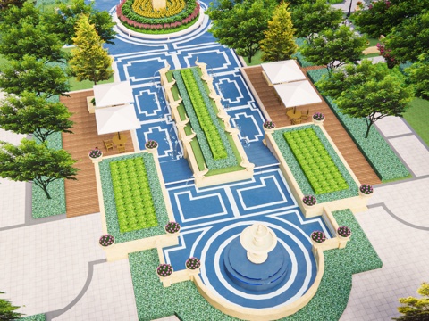 欧式风格中轴水景喷泉景观 欧式对称轴景观 欧式住宅景观su模型