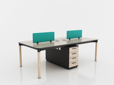  现代挡板四人位职员桌 副柜办公桌 浅色木纹员工桌3d模型 