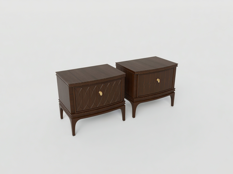 欧式复古深棕色木质床头柜 几何纹理抽屉 金色拉手 弧形柜腿su模型