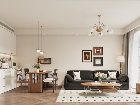  中古风客餐厅 中古风餐桌椅 中古风电视柜 中古风沙发3d模型 