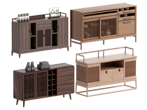 新中式餐边柜 茶水柜 储物柜su模型