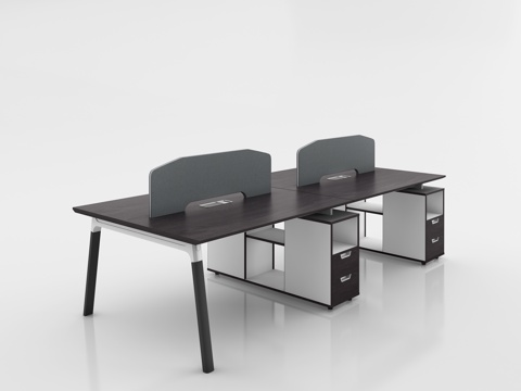  现代挡板四人位职员桌 副柜办公桌 深色木纹员工桌3d模型 