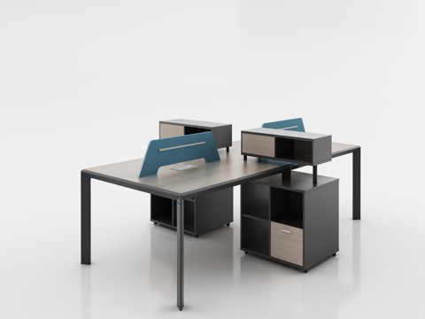  现代挡板四人位职员桌 副柜办公桌 浅色木纹员工桌3d模型 