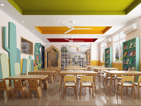  现代阅览室 图书馆 儿童桌椅 课桌 造型墙  幼儿园3d模型 