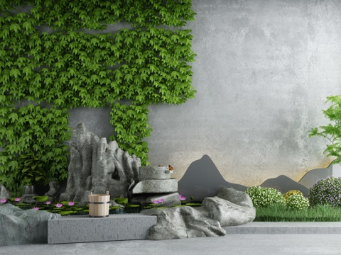  新中式庭院水景小品流水喷泉庭院藤蔓假山园林景观3d模型 