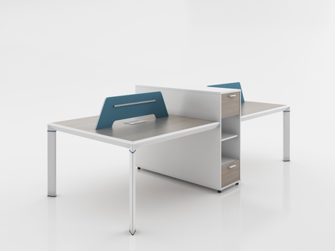  现代挡板四人位职员桌 副柜办公桌 浅色木纹员工桌3d模型 