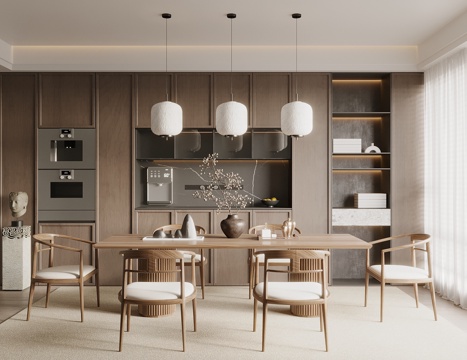  宋式中古风餐厅 酒柜 餐边柜 厨房电器 餐厅吊灯 餐座椅组合3d模型 