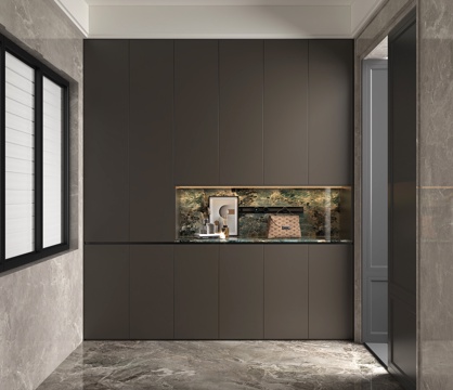 意式玄关门厅鞋柜 现代意式入户鞋柜 鞋柜饰品摆件包包 深咖色su模型