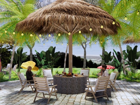 围炉煮茶外摆 茅草亭 民宿花园 户外餐厅su模型