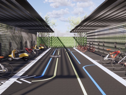 现代 车棚 户外非机动车停车场自行车车棚电动车充电桩停车场地su模型