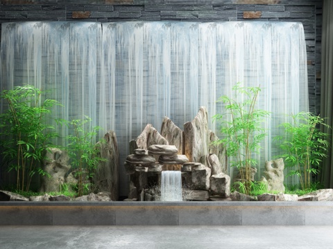  中式流水背景墙假山水景小品3d模型 